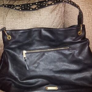 Black Faux Leather Shoulder Bag with Gold Details